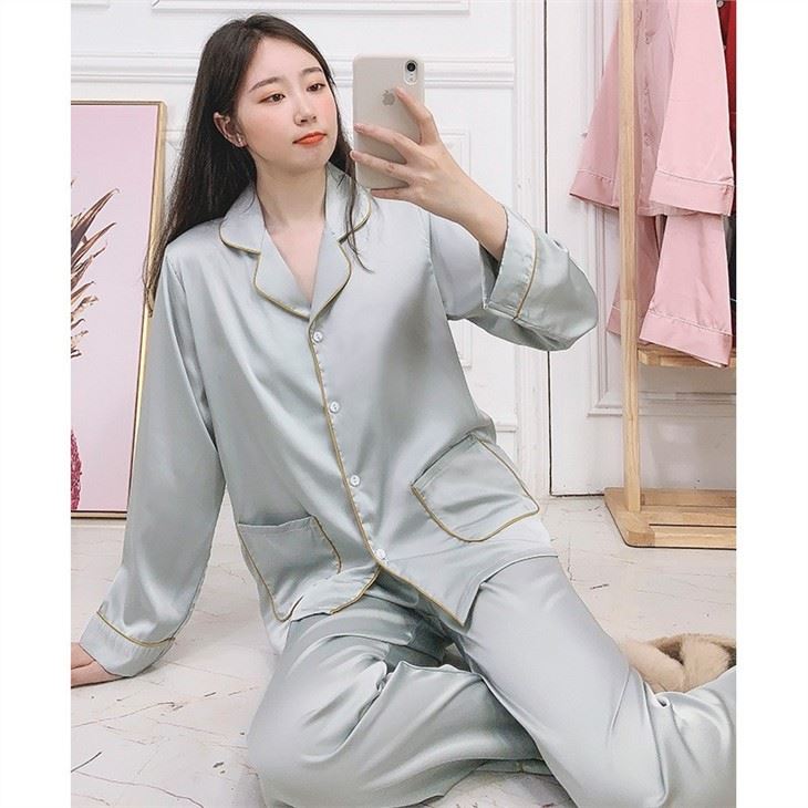 Women Long Sleeve Cardian Silk Woven Plus Size Pajamas Set